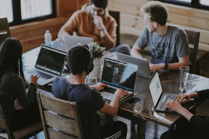Team working together in a collaborative office space